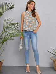 Kotty Blue Floral Printed High Neck Top