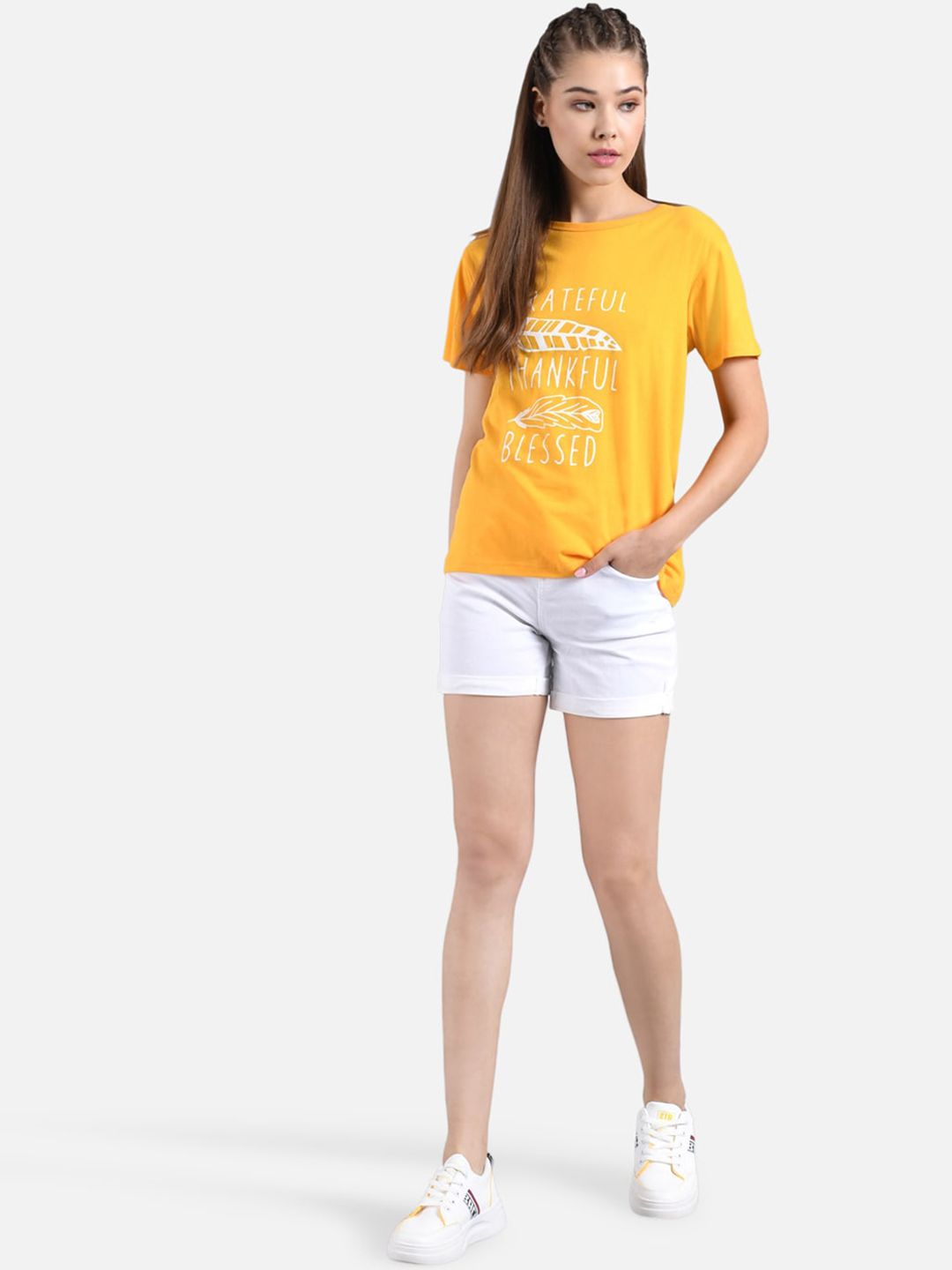 Kotty Women Yellow Printed Round Neck T-shirt