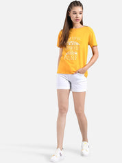 Kotty Women Yellow Printed Round Neck T-shirt