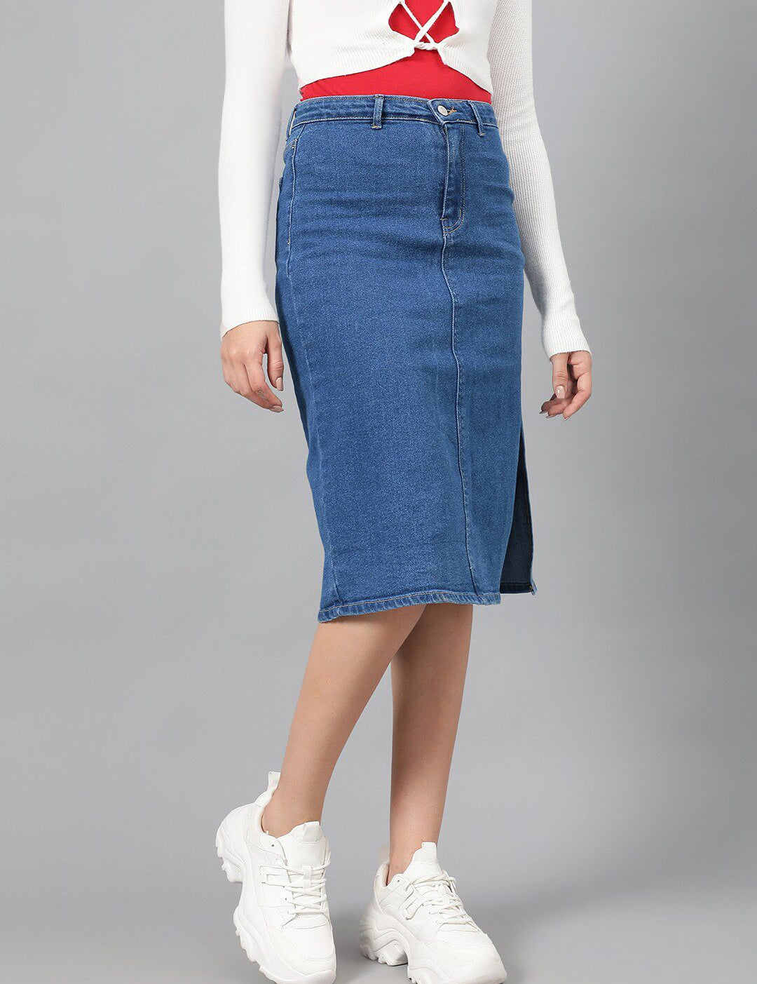 Kotty Blue Knee-Length Denim Straight Skirt