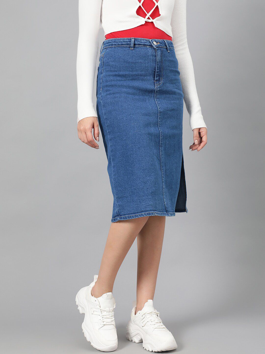Kotty Blue Knee-Length Denim Straight Skirt