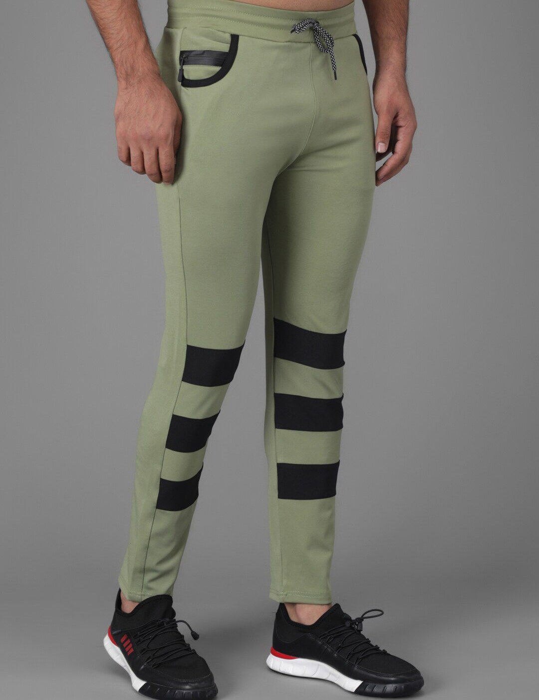 Kotty Men Olive Green & Black Striped Track Pants