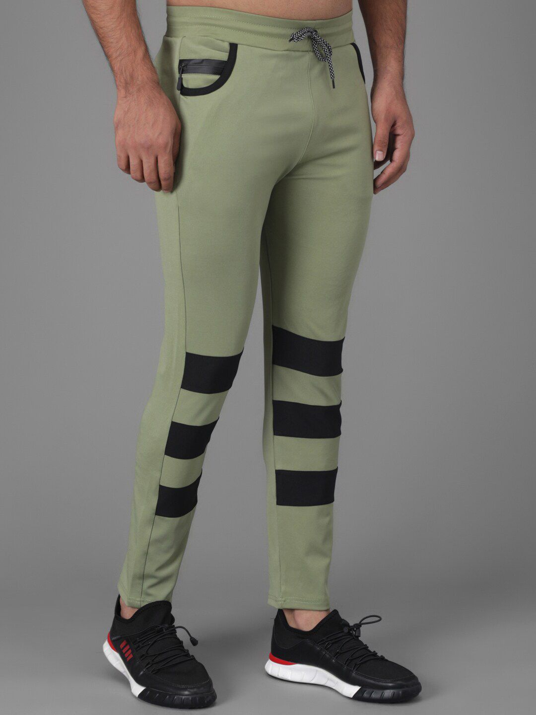 Kotty Men Olive Green & Black Striped Track Pants