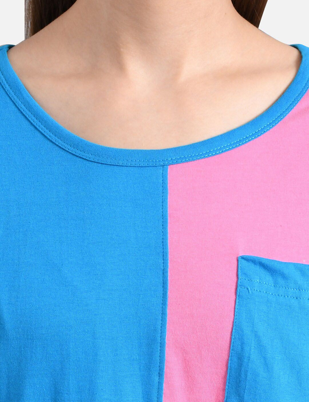 Kotty Women Blue & Pink Colourblocked Round Neck T-shirt
