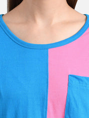 Kotty Women Blue & Pink Colourblocked Round Neck T-shirt