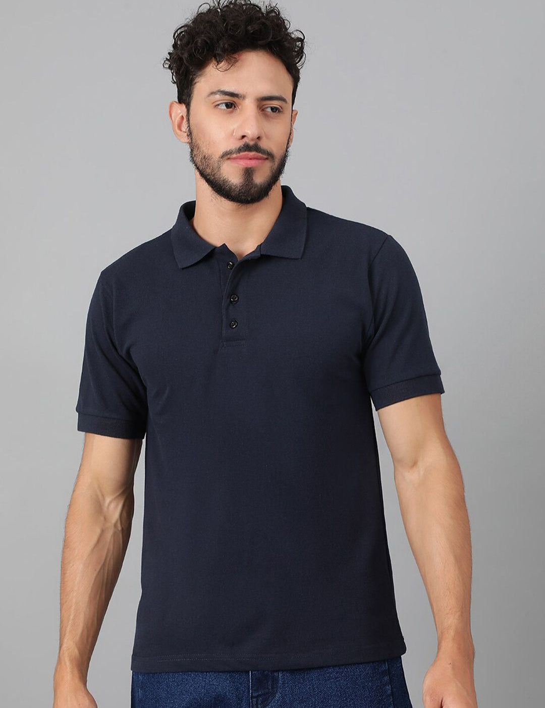 Kotty Navy Blue Polo Collar Cotton T-shirt