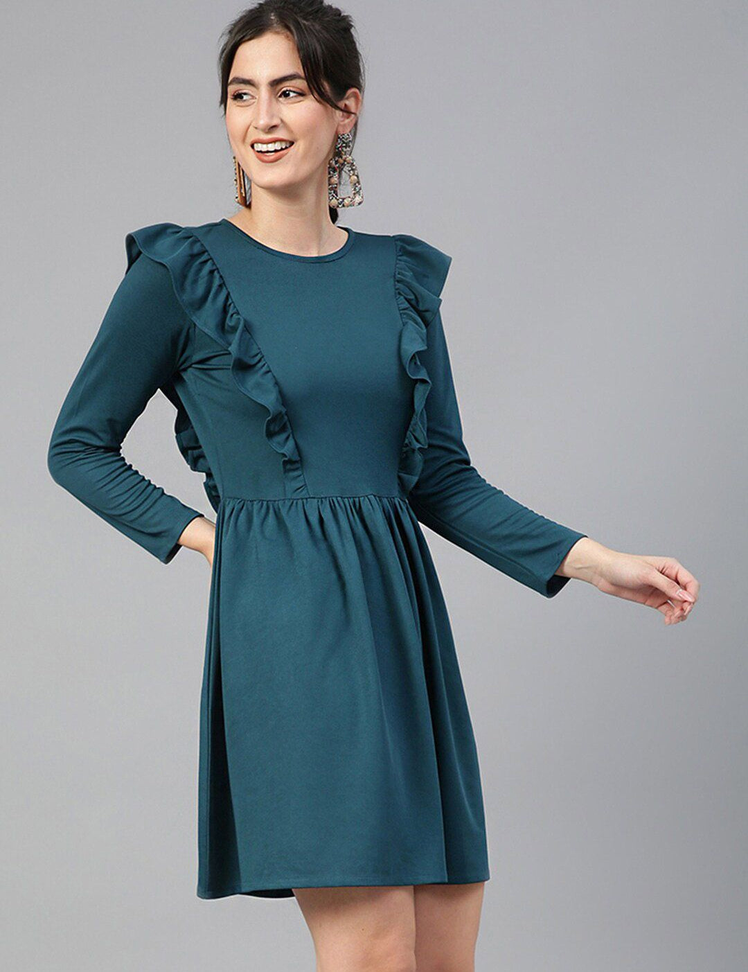 Kotty Green Ruffled Fit & Flare Knee Length Dress