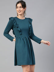 Kotty Green Ruffled Fit & Flare Knee Length Dress