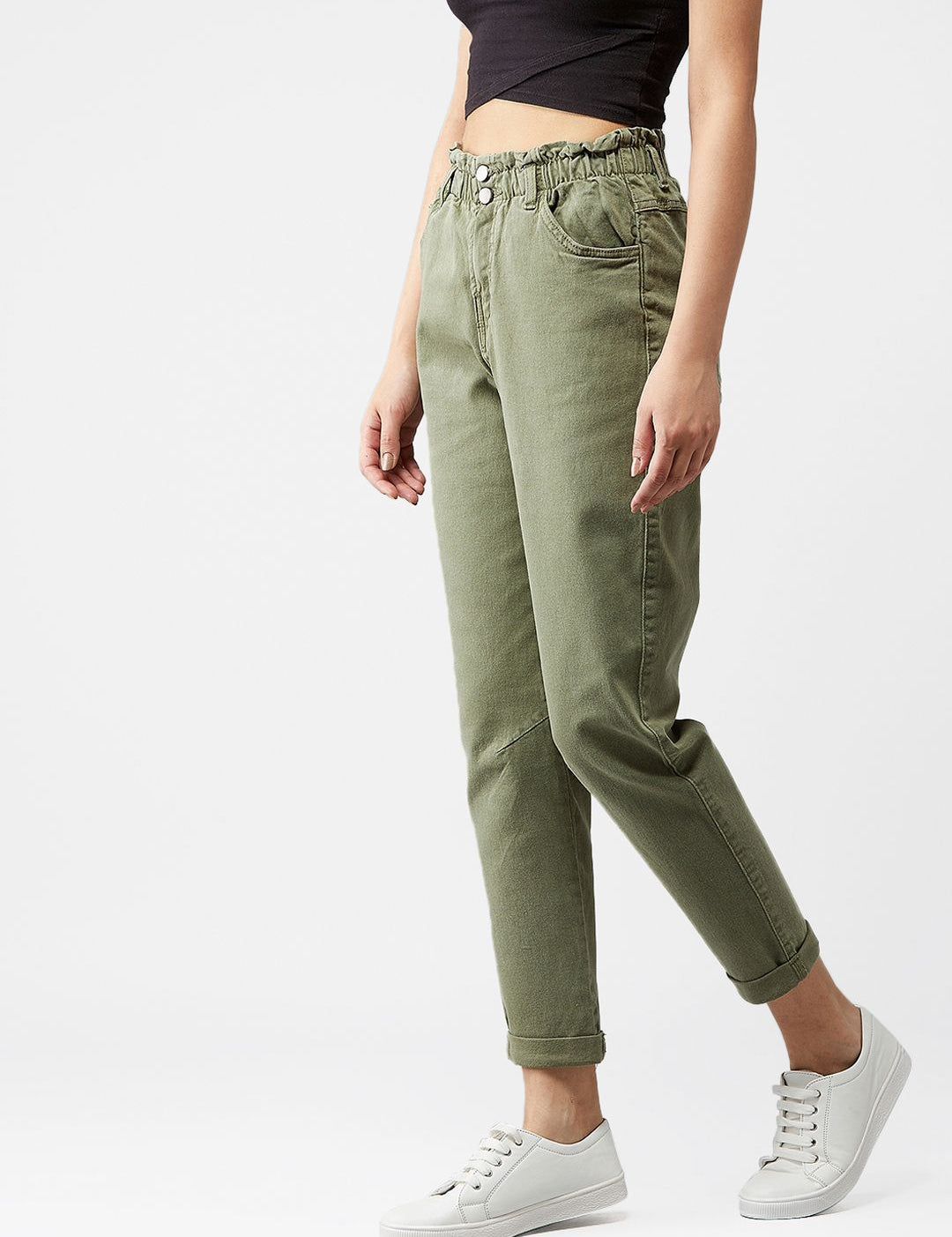 Kotty Women Olive Green Boyfriend Fit High-Rise Clean Look Jeans