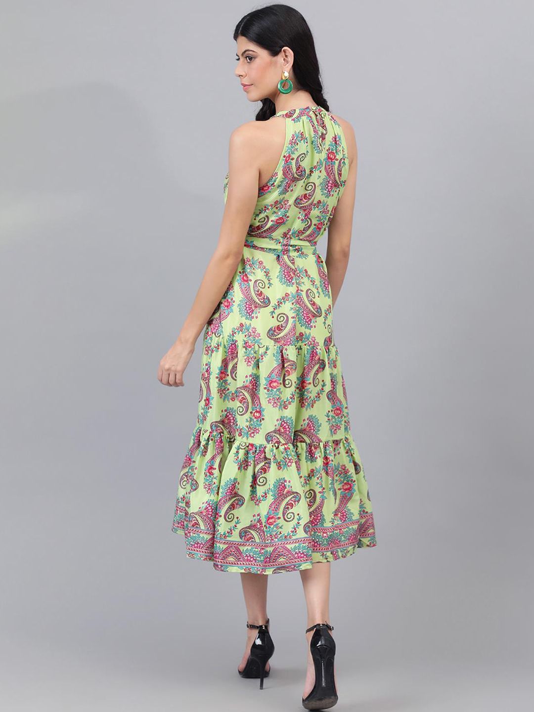 Kotty Green And Maroon Paisley Printed Halter Neck Tiered Fit & Flare Midi Dress