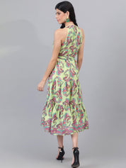Kotty Green And Maroon Paisley Printed Halter Neck Tiered Fit & Flare Midi Dress