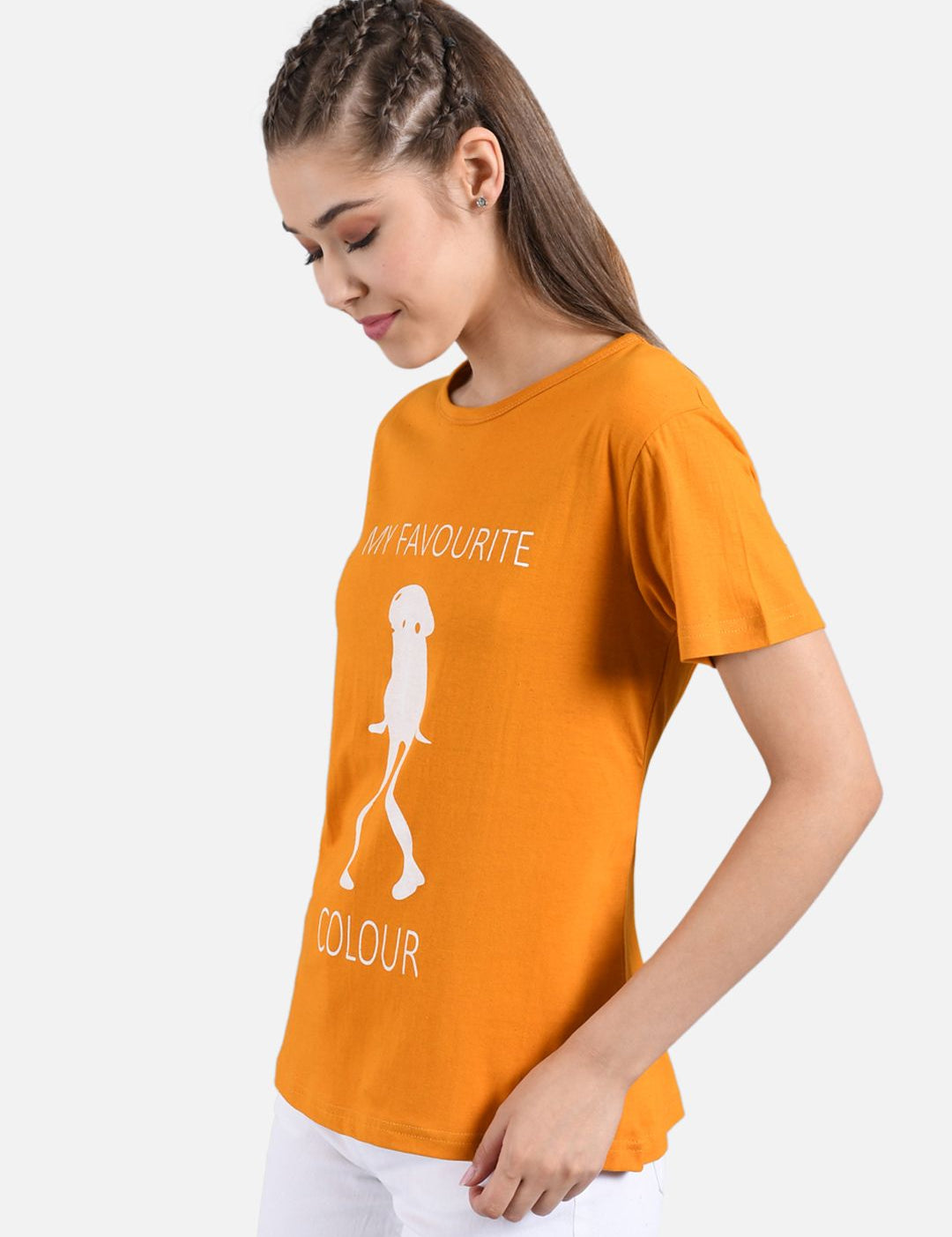 Kotty Women Mustard Orange Printed Round Neck T-shirt
