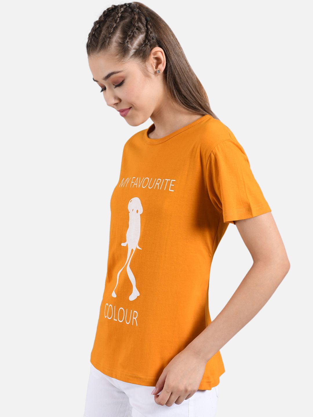 Kotty Women Mustard Orange Printed Round Neck T-shirt