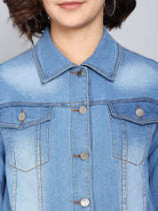 Kotty Women Blue Washed Colourblocked Denim Jacket