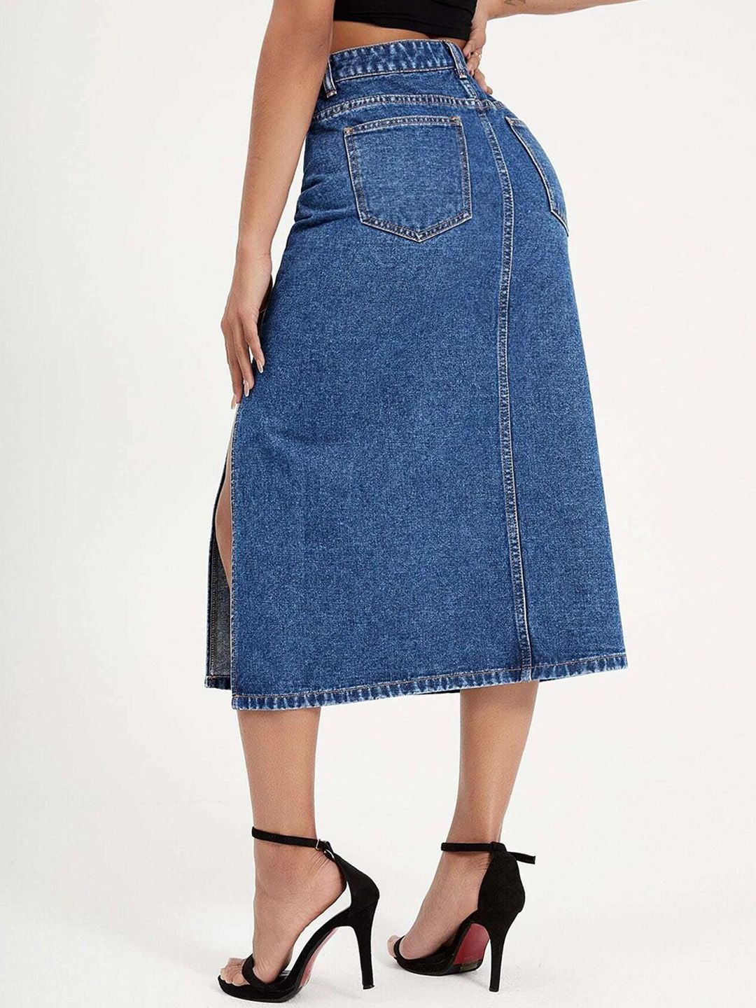 Kotty Slit Hem A-line Denim Midi Skirt