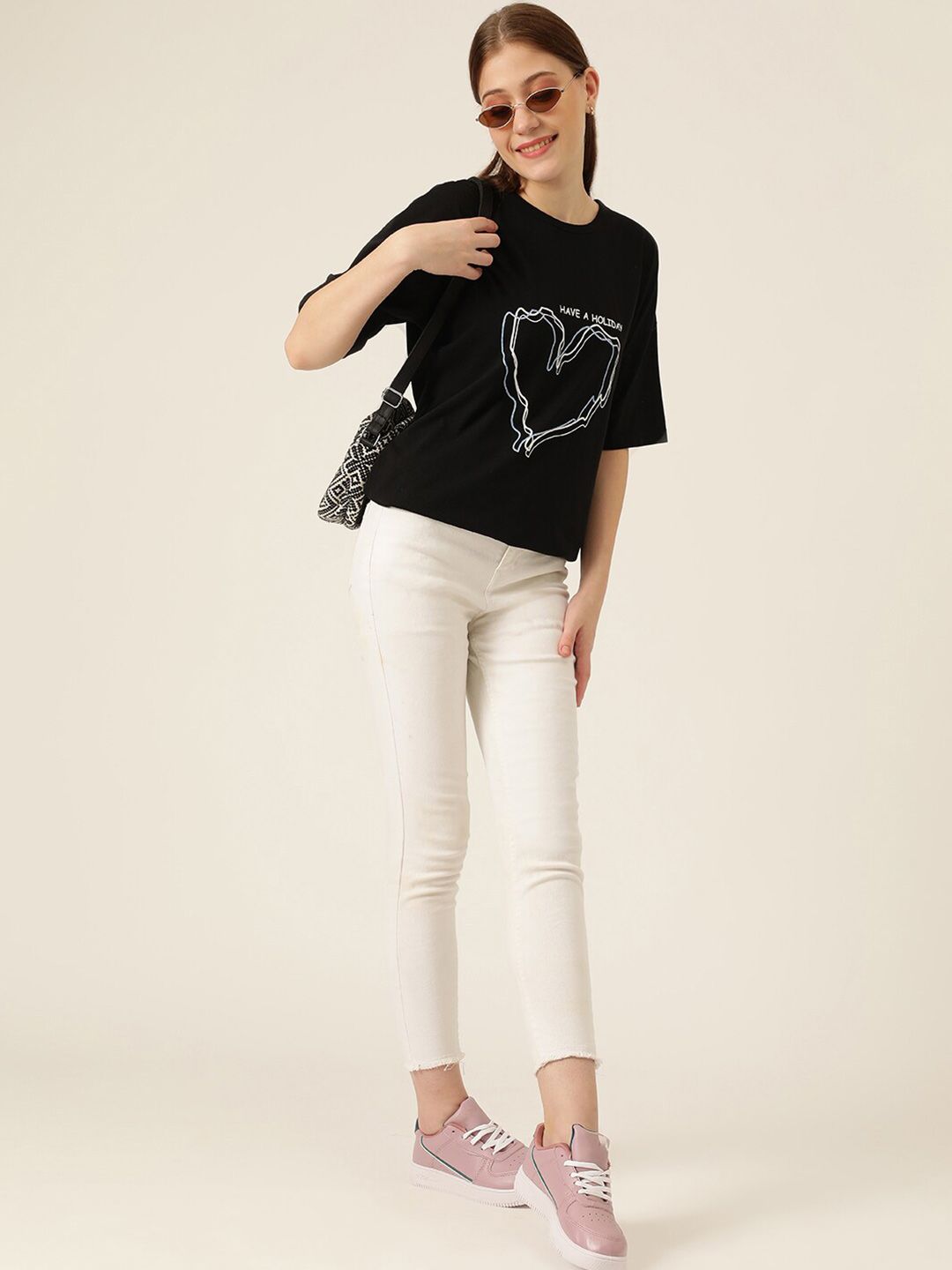 KOTTY Basics Graphic Printed Round Neck Drop-Shoulder Sleeves Oversized T-shirt
