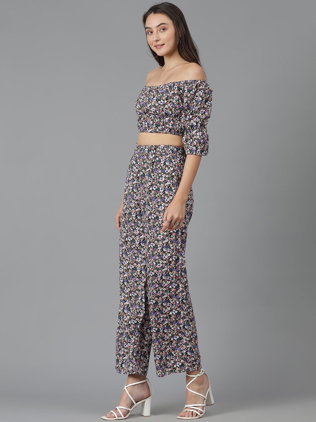 Kotty Floral Printed Off-Shoulder Crop Top & Trousers
