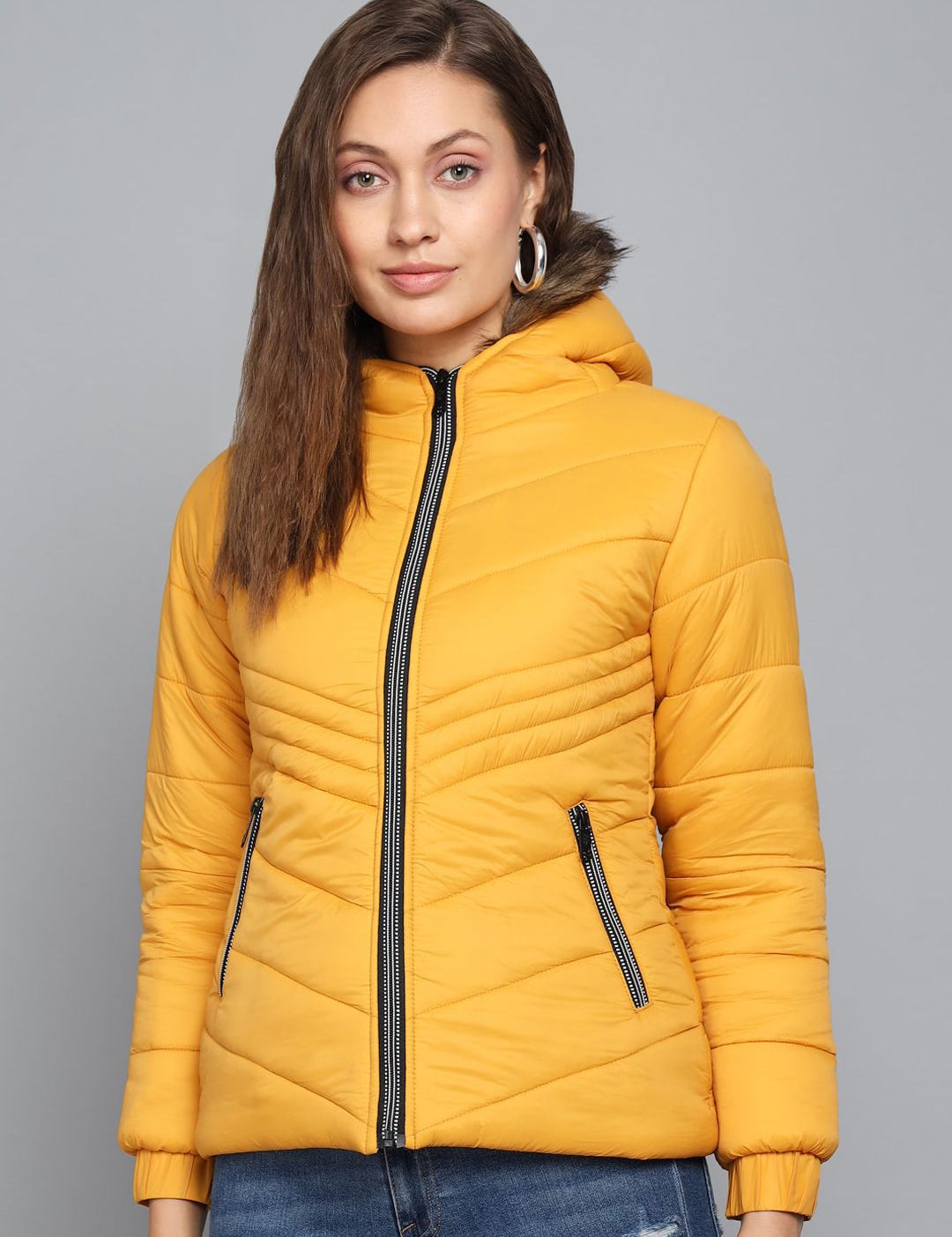 Kotty Women Yellow Striped Hooded Puffer Jacket