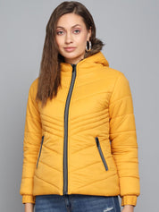 Kotty Women Yellow Striped Hooded Puffer Jacket