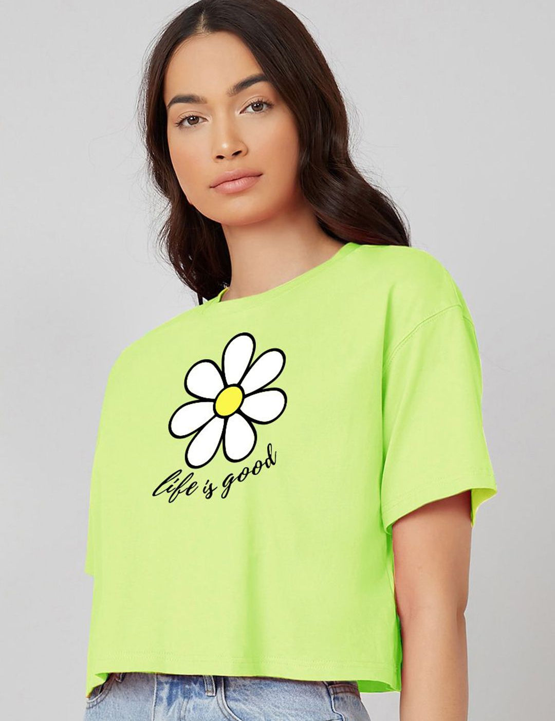 Kotty Lime Green Graphic Printed Oversized Cotton Casual T-Shirt