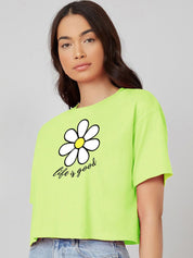 Kotty Lime Green Graphic Printed Oversized Cotton Casual T-Shirt