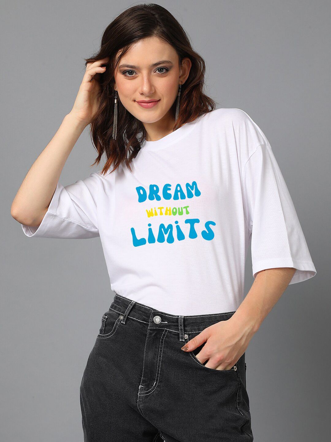 Kotty White Typography Printed Drop-Shoulder Sleeves Oversized T-shirt