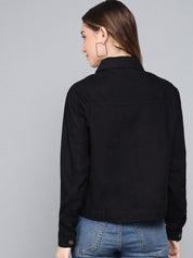 Kotty Women Black Lightweight Denim Jacket with Embroidered