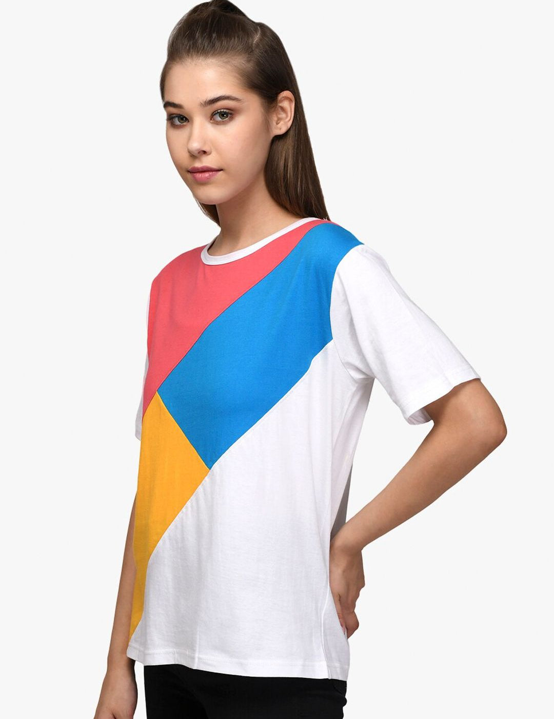 Kotty Women White & Blue Colourblocked Boat Neck T-shirt