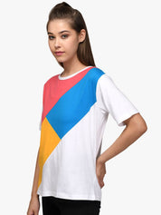 Kotty Women White & Blue Colourblocked Boat Neck T-shirt