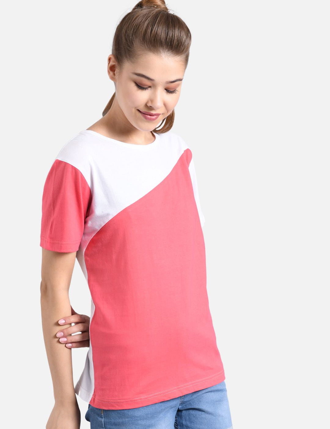 Kotty Women Coral Pink & White Colourblocked Boat Neck T-shirt