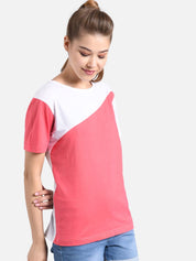 Kotty Women Coral Pink & White Colourblocked Boat Neck T-shirt