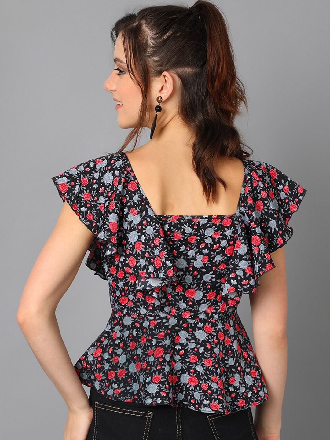 Kotty Black Floral Printed Sweetheart Neck Flutter Sleeve Peplum Top