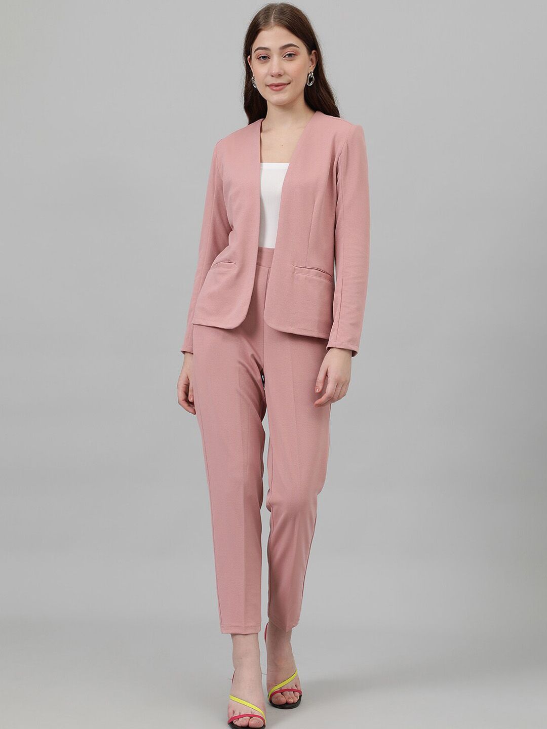 Kotty Pink Collarless Long Sleeves Blazer With Trousers