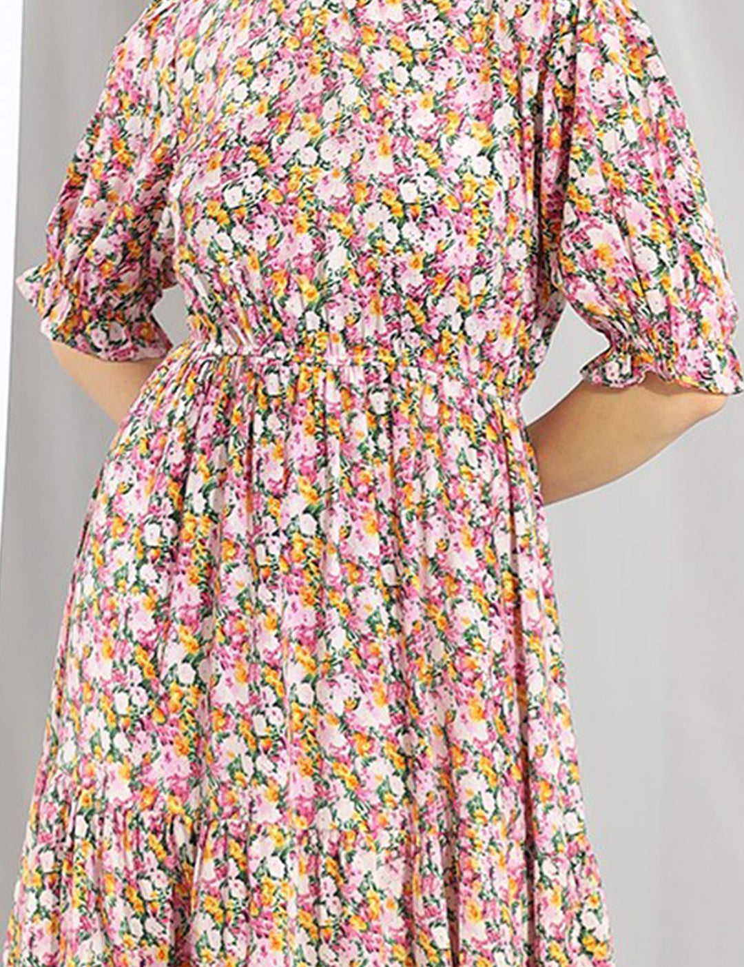Kotty Pink & Green Floral Printed Puff Sleeves Fit & Flare Midi Dress