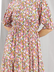 Kotty Pink & Green Floral Printed Puff Sleeves Fit & Flare Midi Dress