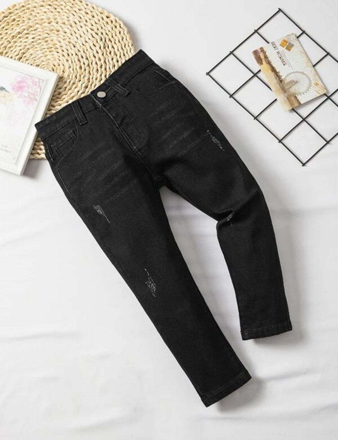 Kotty Boys Black Jean Mildly Distressed Regular Fit Jeans