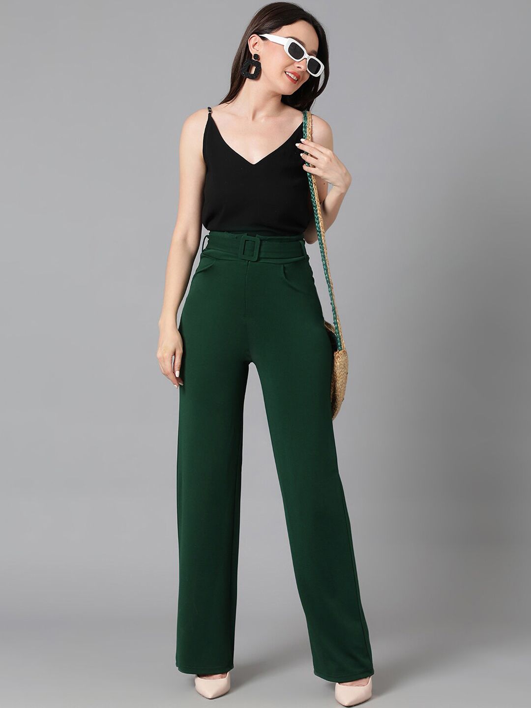KOTTY BIZwear Women Green Relaxed Straight Leg Easy Wash Parallel Trousers Comes With Belt