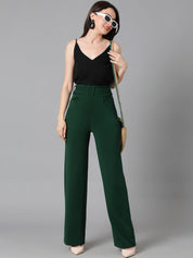 KOTTY BIZwear Women Green Relaxed Straight Leg Easy Wash Parallel Trousers Comes With Belt