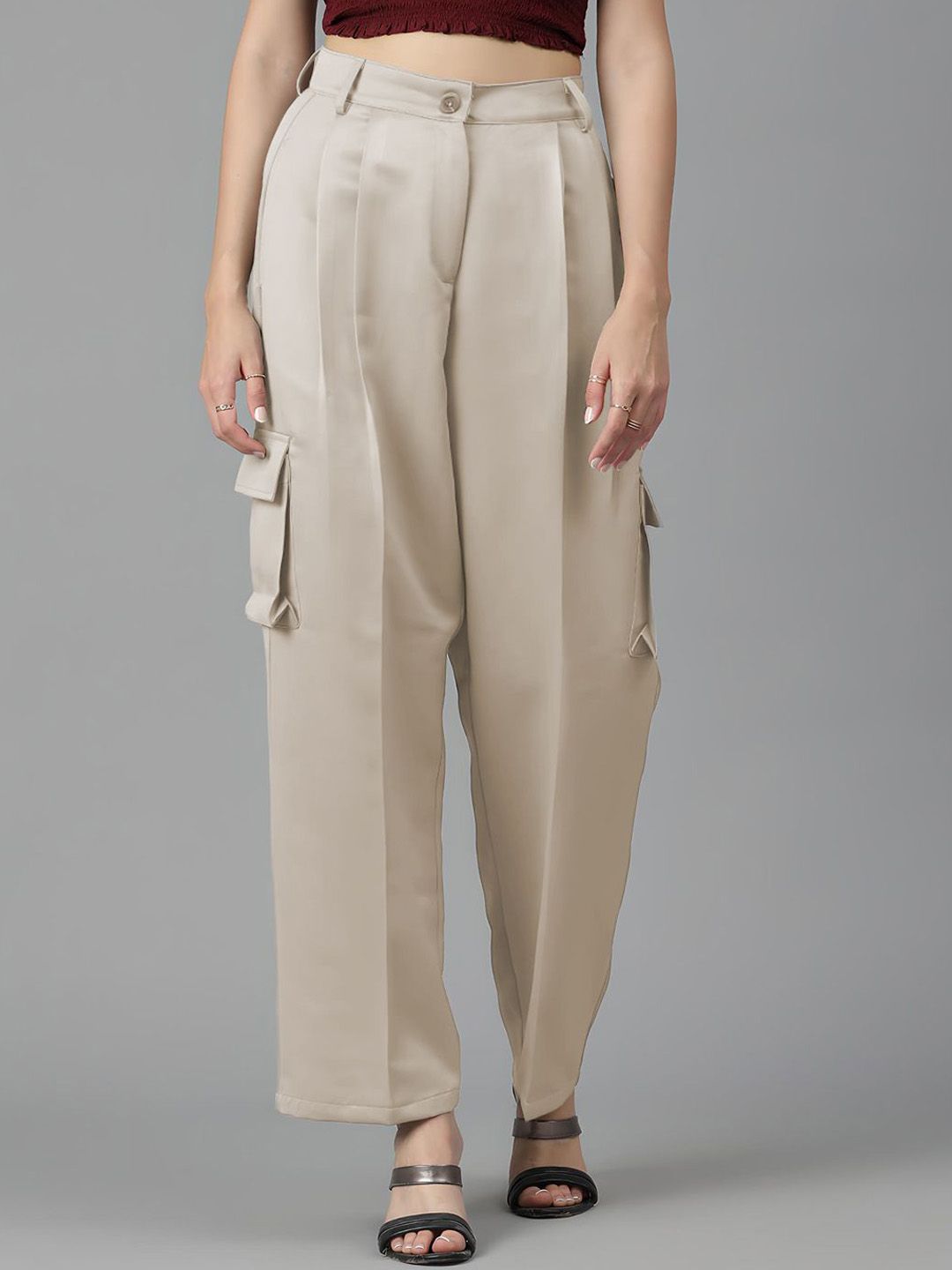 KOTTY BIZwear Women Straight Fit High-Rise Pleated Cargos