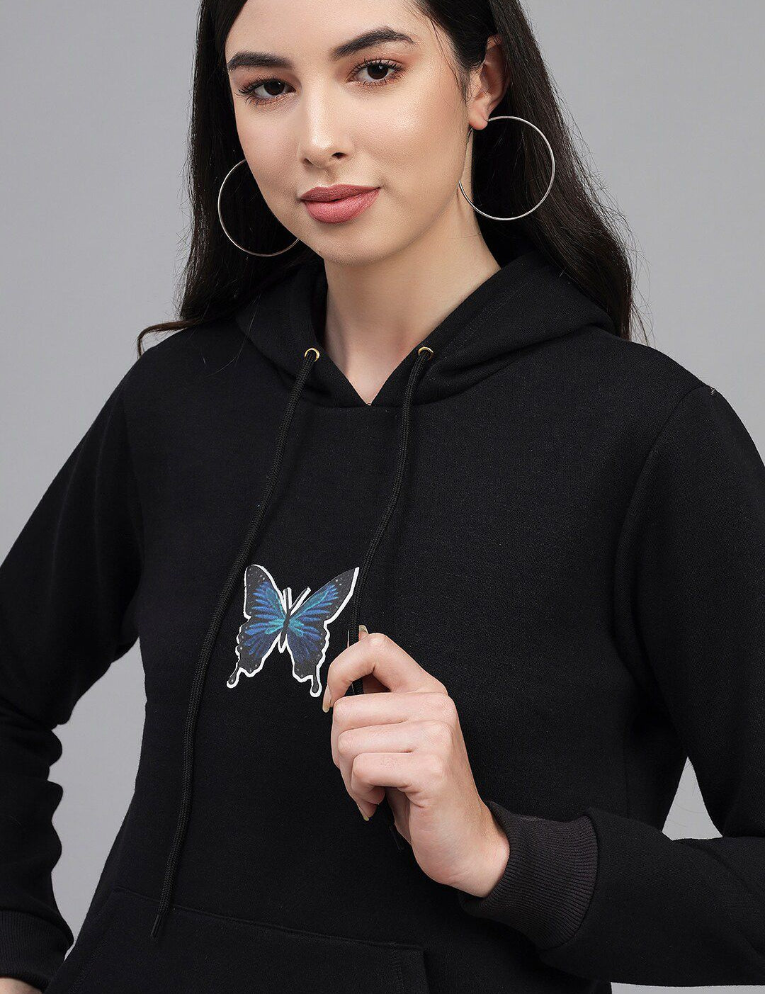 Kotty Women Black Printed Fleece Hooded Sweatshirt
