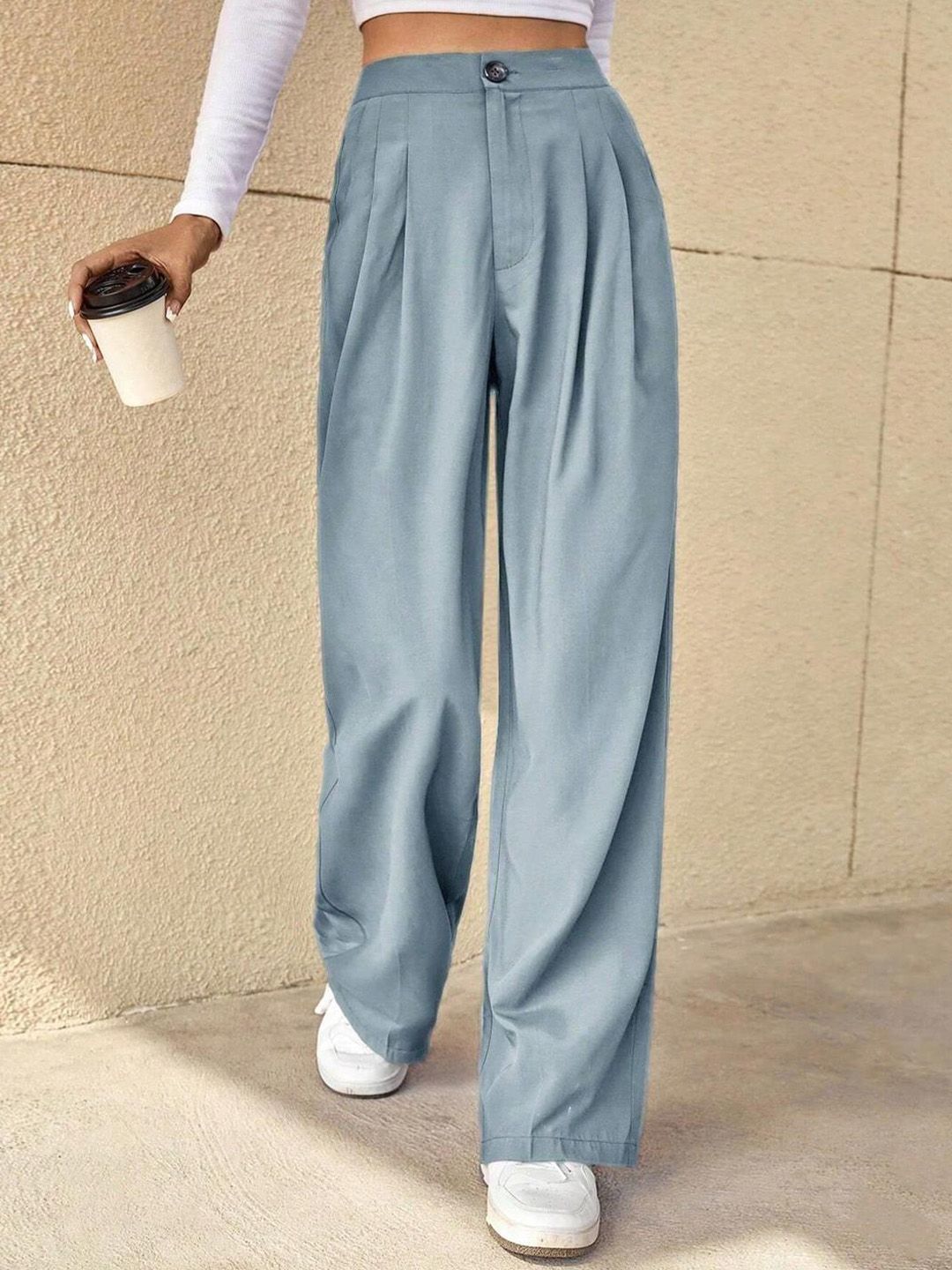 Kotty Women Blue Relaxed Straight Leg Straight Fit High-Rise Easy Wash Pleated Trousers