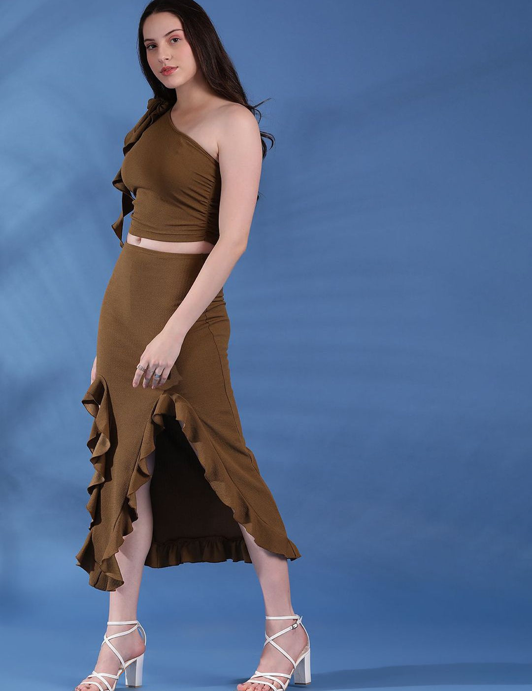 Kotty Brown One Shoulder Top With Skirt