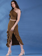 Kotty Brown One Shoulder Top With Skirt