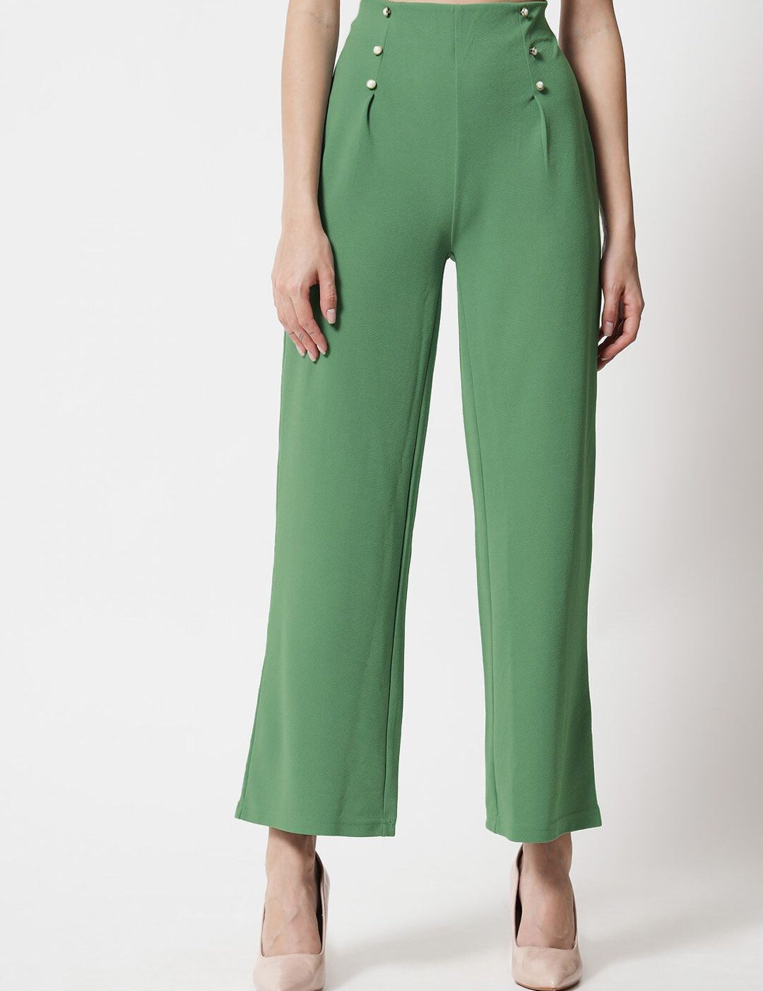 Kotty Women Green Relaxed Straight Fit High-Rise Easy Wash Pleated Trousers