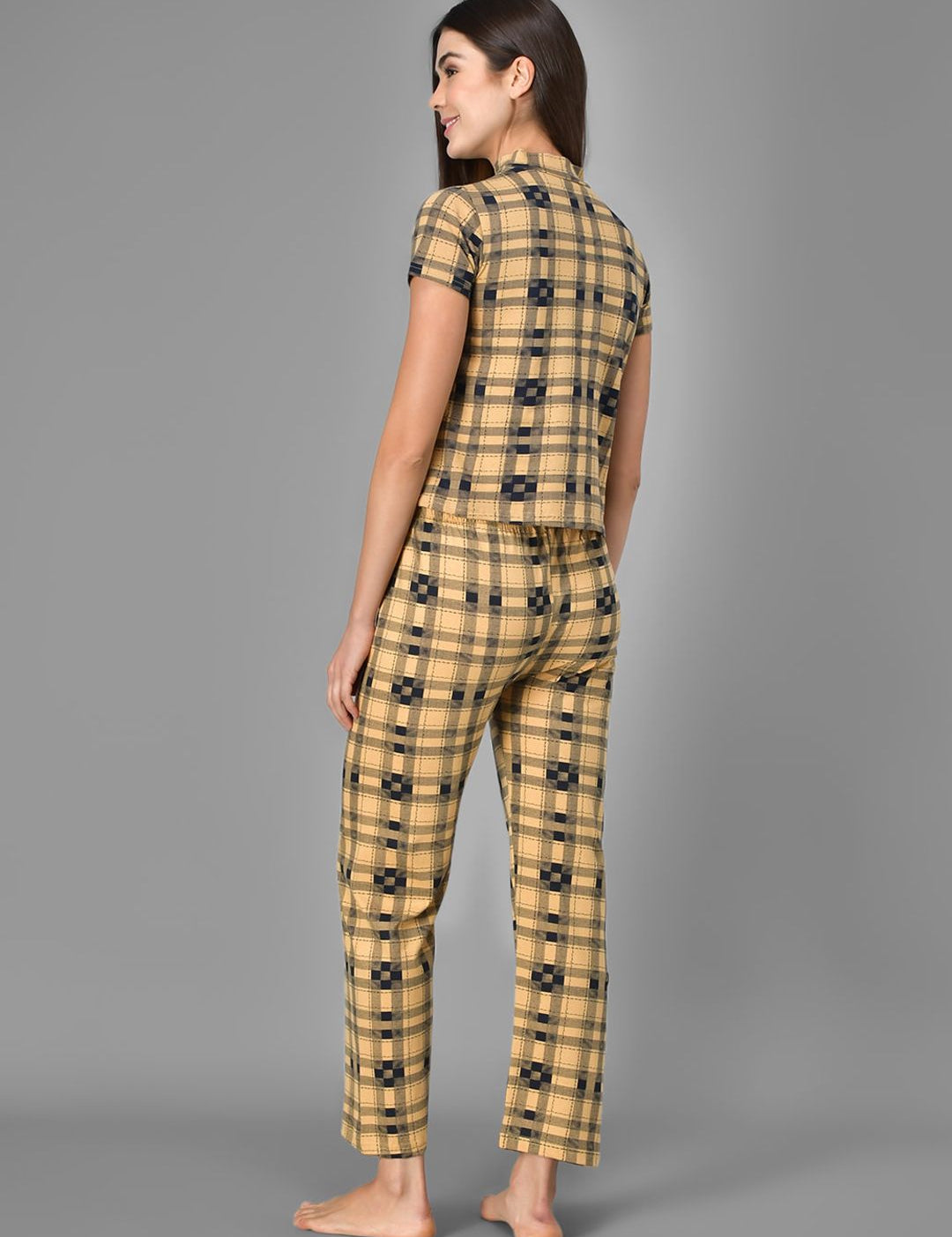 Kotty Women Yellow & Black Checked Night Suit