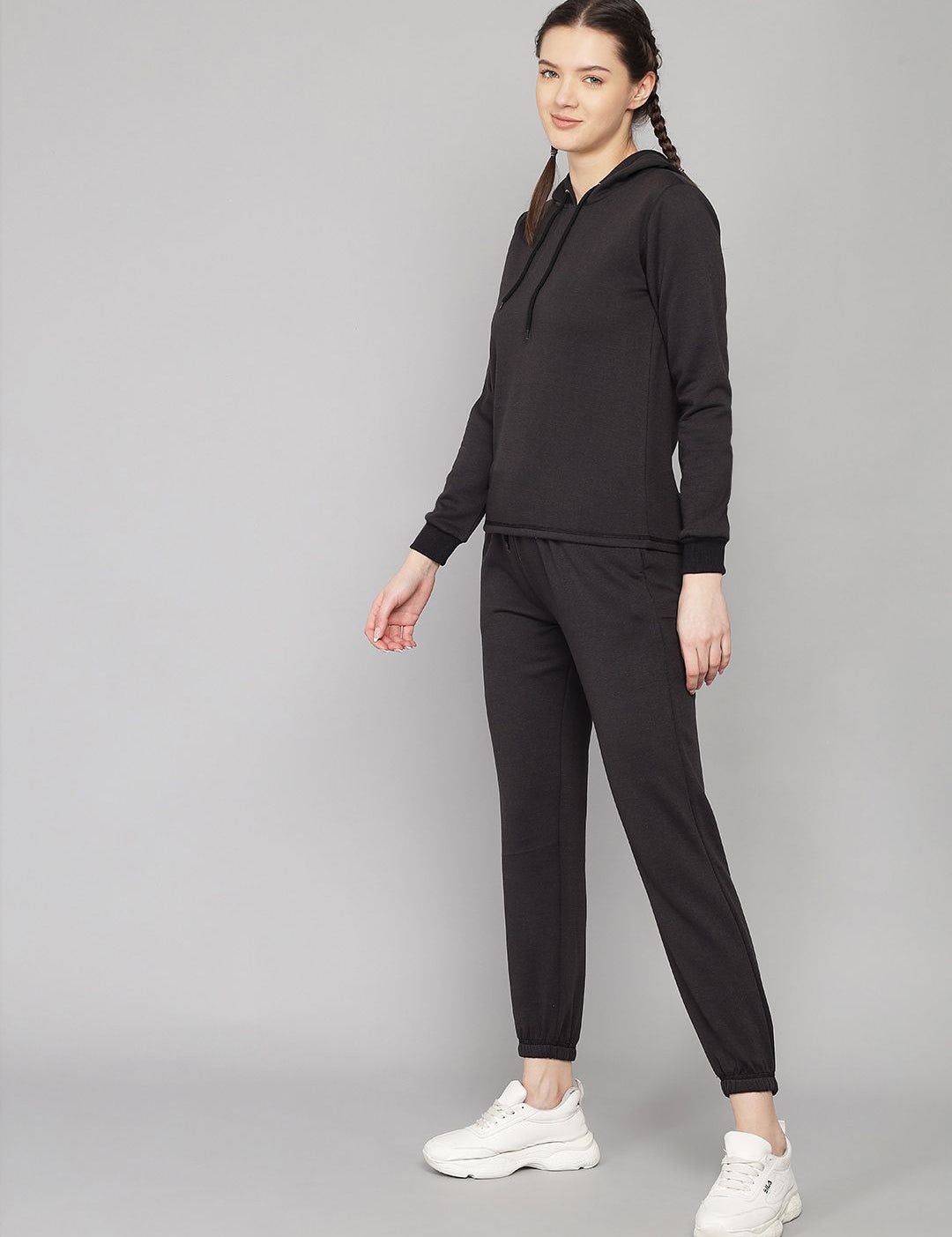 Kotty Black Solid Hooded Regular Fit Winter Sweatshirt & Joggers Set