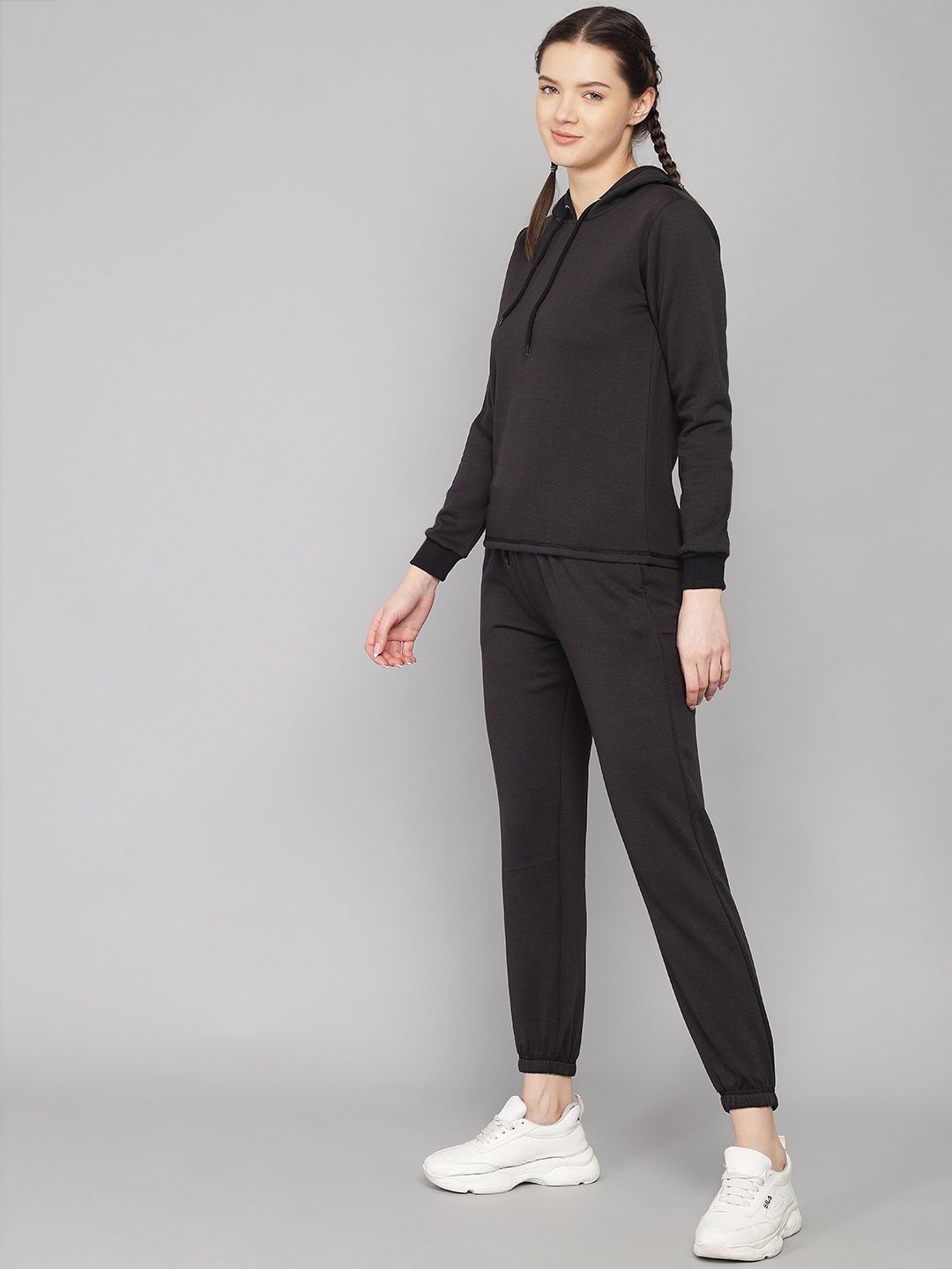 Kotty Black Solid Hooded Regular Fit Winter Sweatshirt & Joggers Set