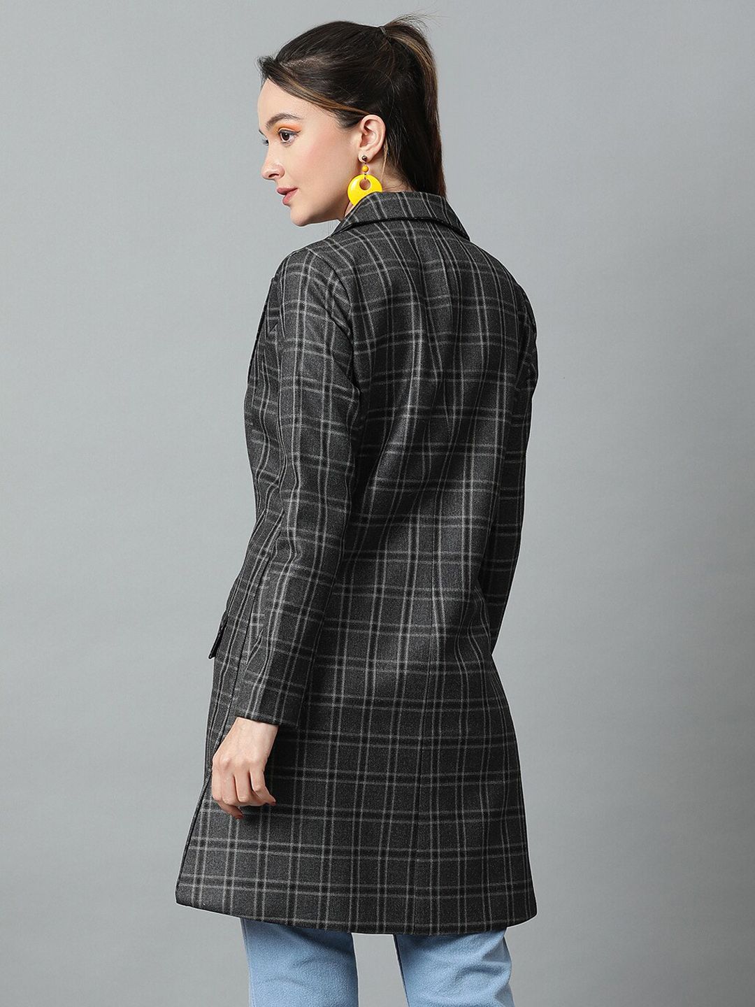 KOTTY BIZwear Grey Checked Double-Breasted Overcoat
