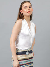 Kotty White V-Neck Shirt Style Satin Top