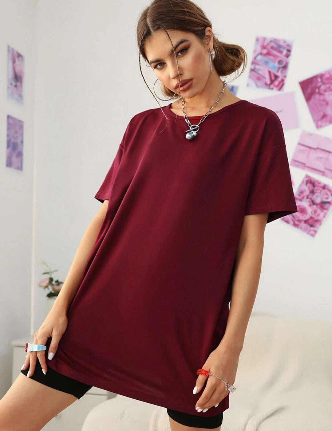 Kotty Drop-Down Shoulder Sleeves Round Neck T-Shirt
